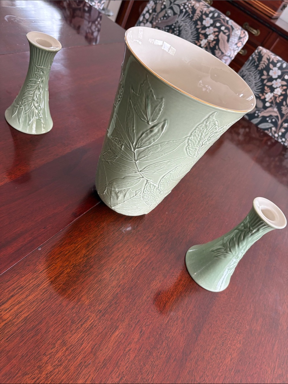 Lenox Green Embossed Ceramic Vase Set with Gold Rim